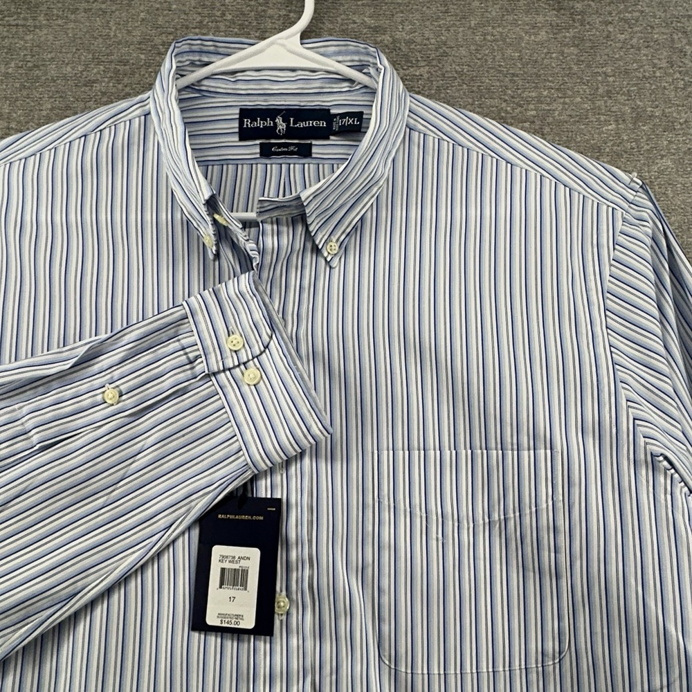 Ralph Lauren Custom Fit Shirt Men Size 17/XL Blue White Striped NEW $145